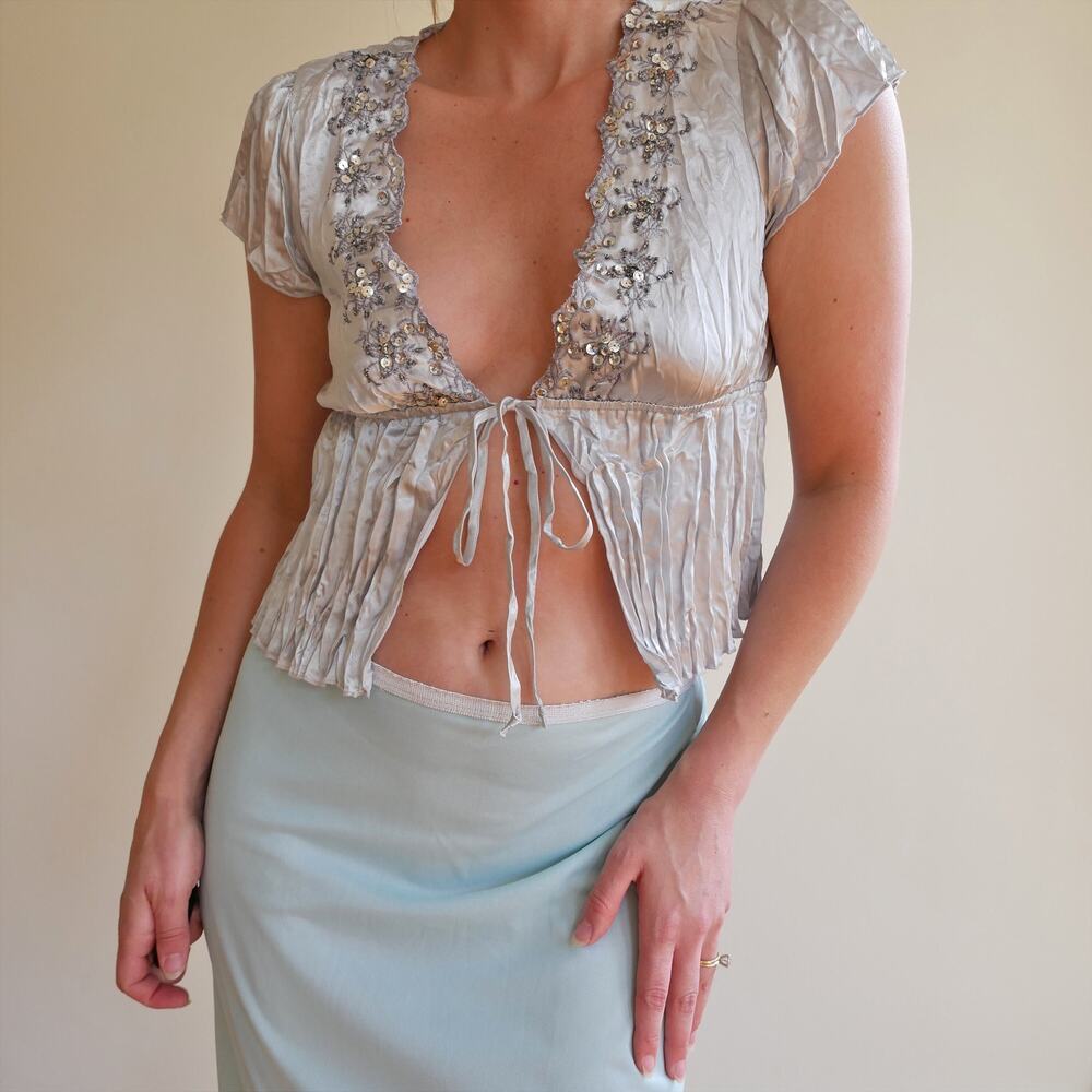 Y2k vintage crinkle top tie front beaded fairy-core M - Picture 9 of 10